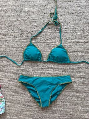 Luli Fama Teal Triangle Bikini with Gold Trim